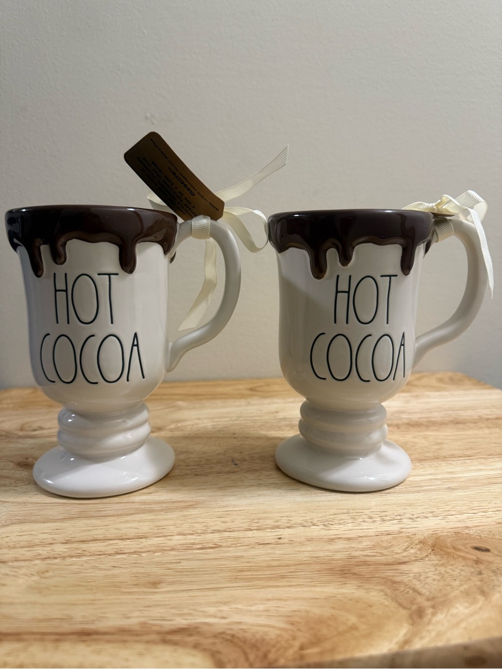 Two Rae Dunn White Hot Cocoa Mug with Brown Drip